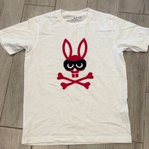 Psycho Bunny White Tee with Red & Black Bunny Skull Graphic